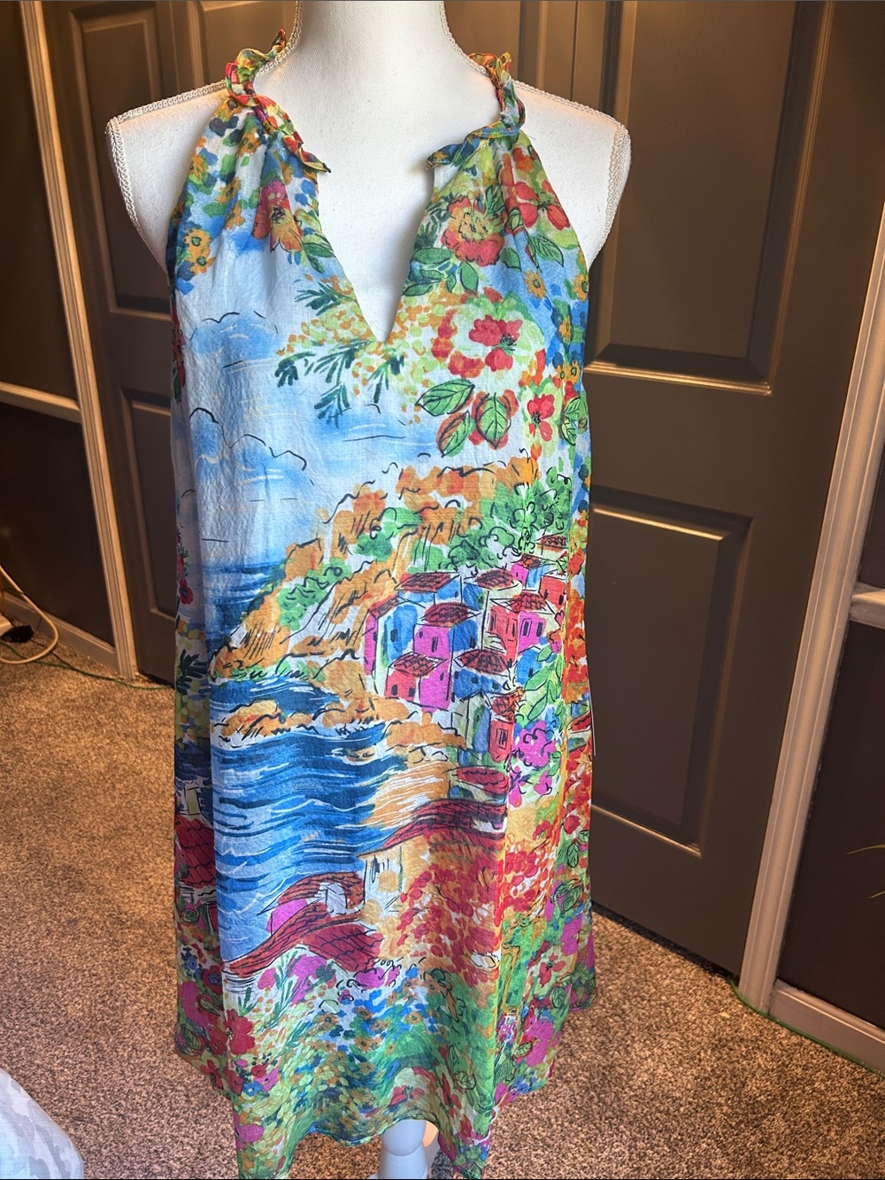 London Times Multicolor Coastal Floral Halter Mini Dress